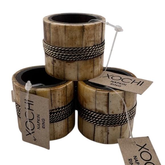 Artisan Xochi Wood & Bone Napkin Rings with Twisted Metal Accents Set of 4 - Picture 1 of 3